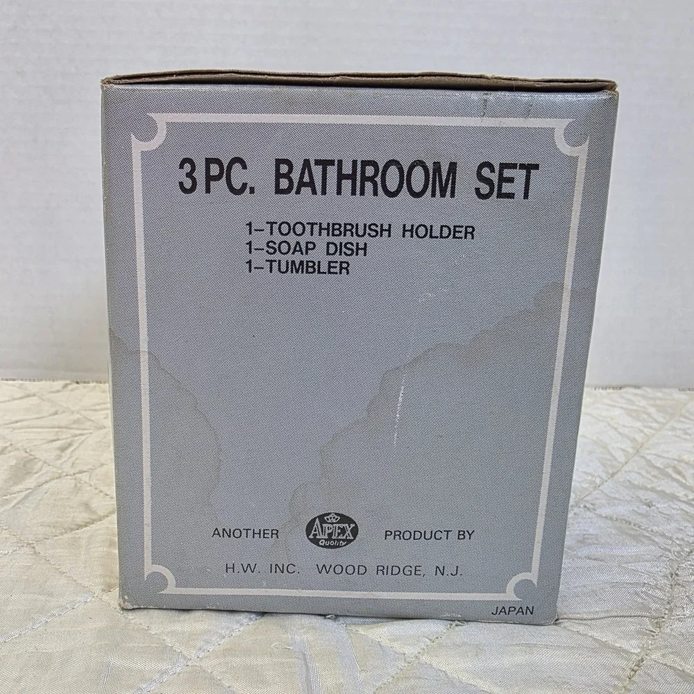 Vintage Porcelain 3 Piece Bathroom Set Japan Cup Toothbrush Holder Soap Dish